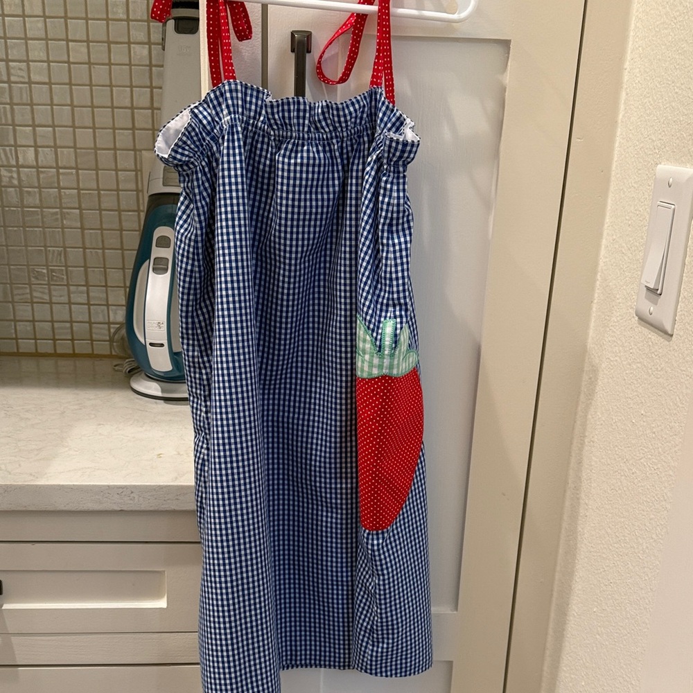 The Beaufort Bonnet. Blue Gingham Apron with Red Strawberry Pocket. Size 7.